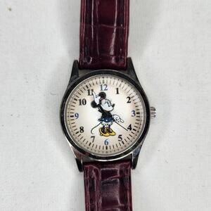 Disney Parks Minnie Mouse Watch Leather Strap Band Blue Dress Sweep Second Hand